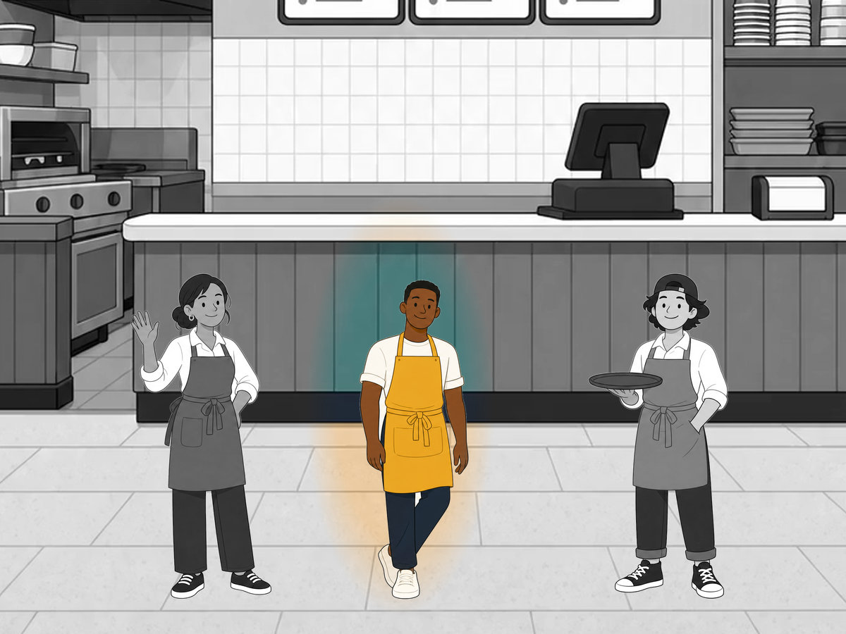A store floor today: only the worker the owner happened to notice is in colour, the rest are grey