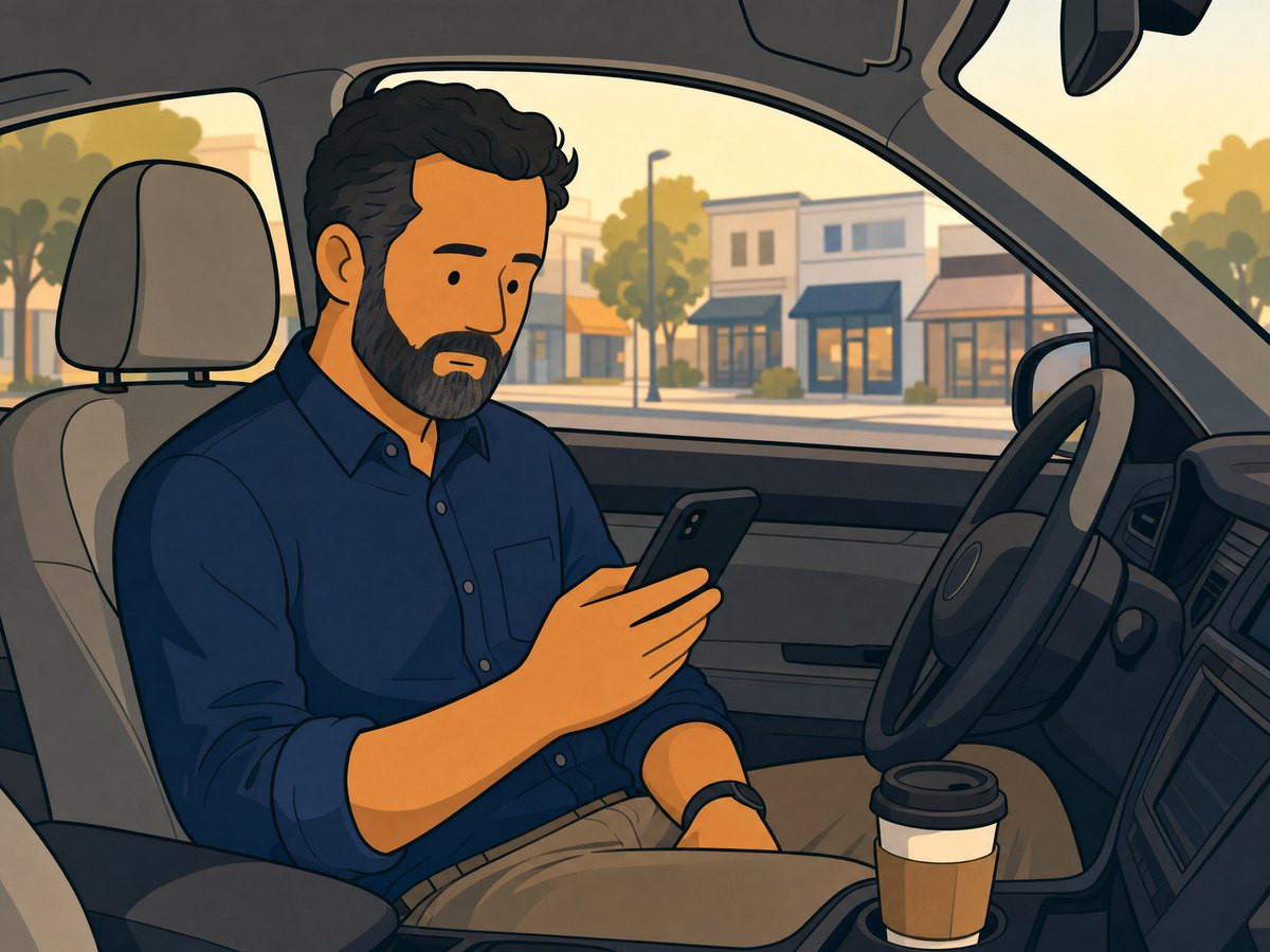 An owner parked outside his stores, checking his phone before the day starts