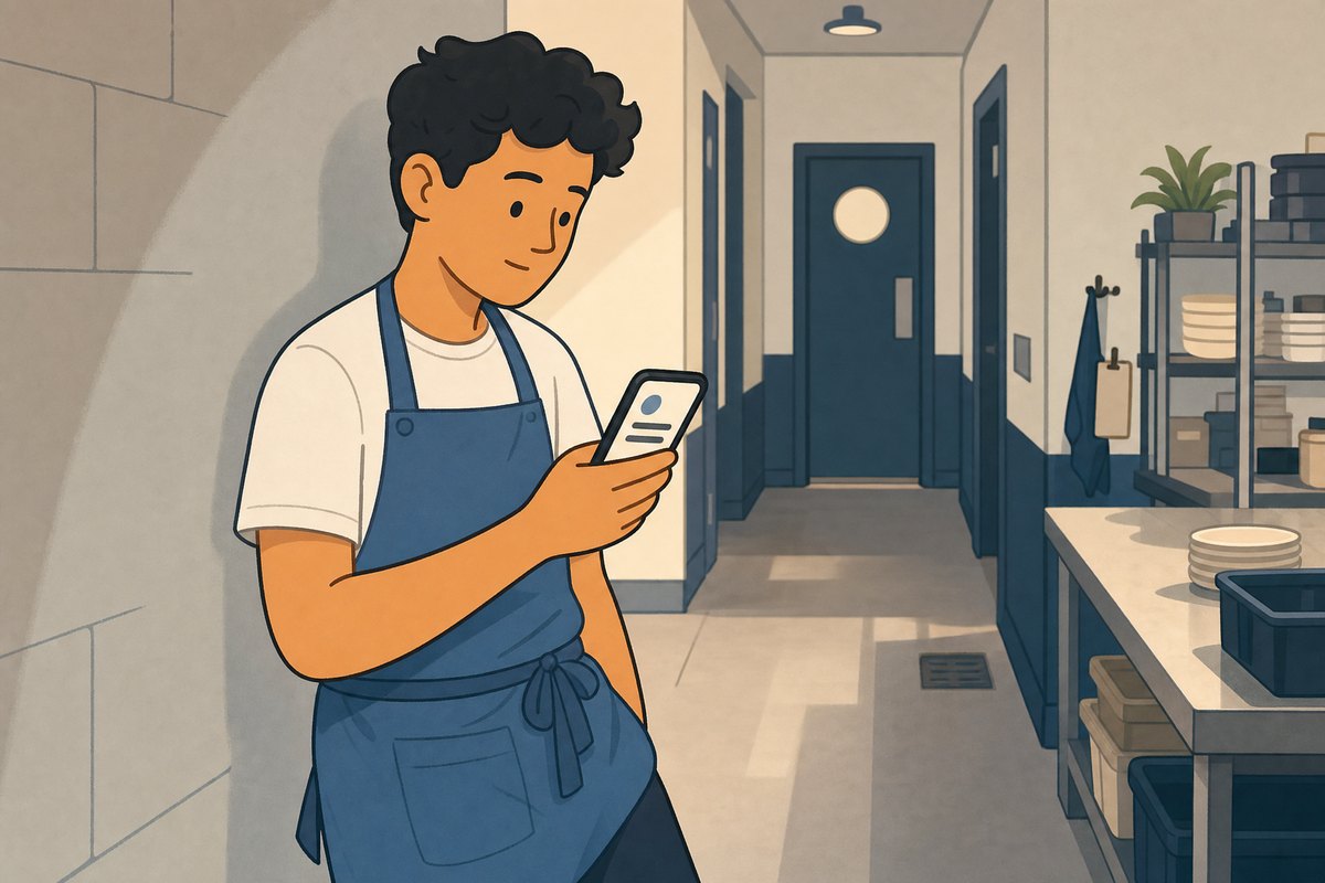 A crew member in the back hallway, alone with his phone