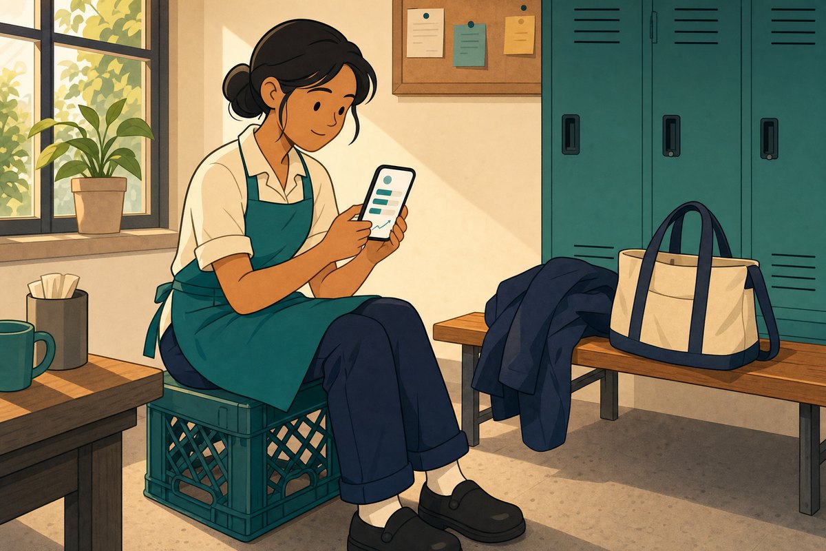 A crew member sitting on a crate in the stockroom, reading her own record on her phone