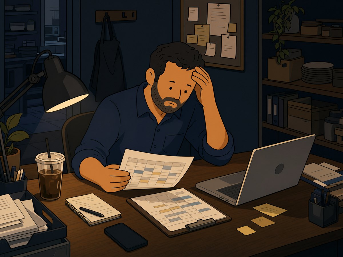 The owner alone at night with schedules and a laptop