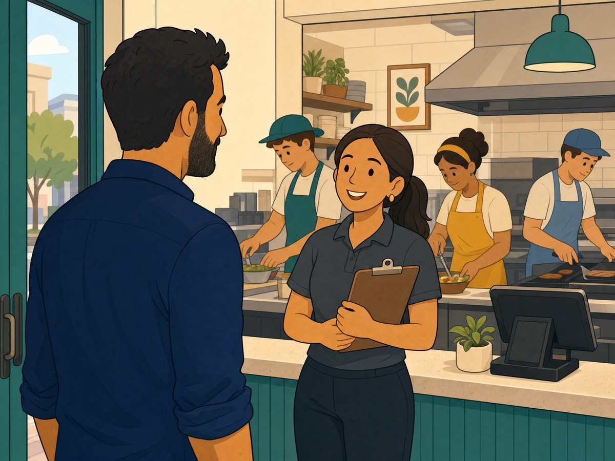 The owner walking in, greeted by the manager, crew working behind