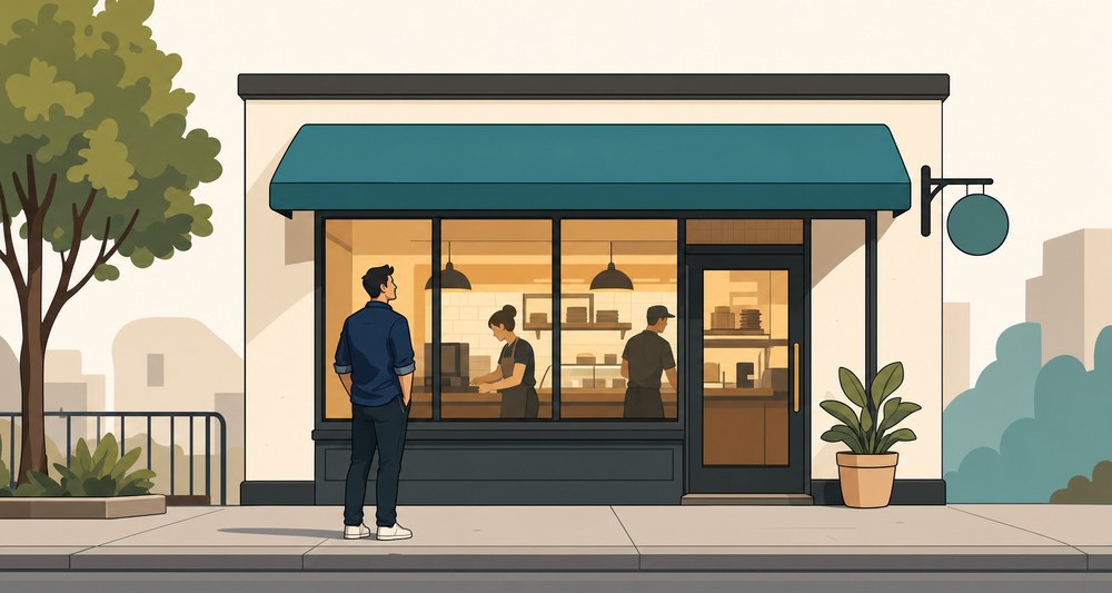 An owner standing outside their store at closing time