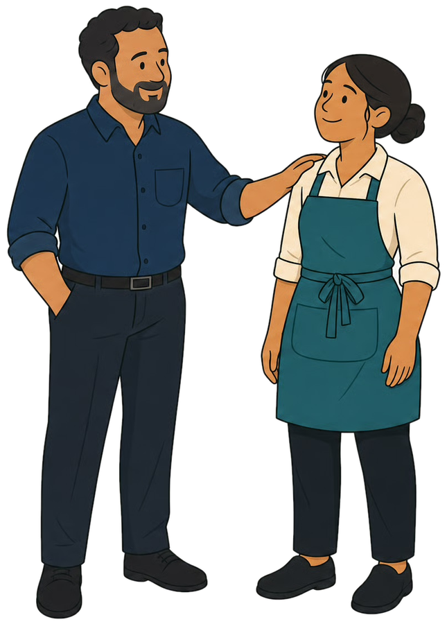 The owner speaking with Maria, hand on her shoulder