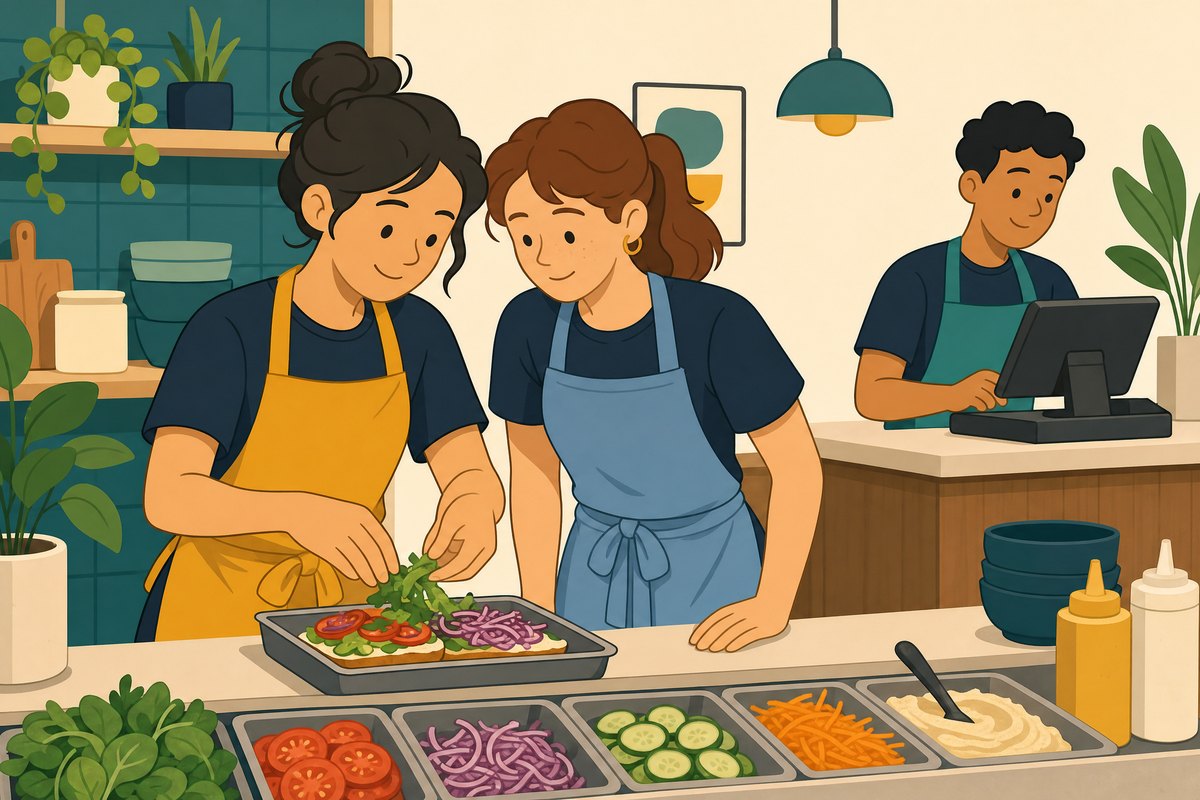 Two coworkers at the prep counter, one showing the other how to do a step