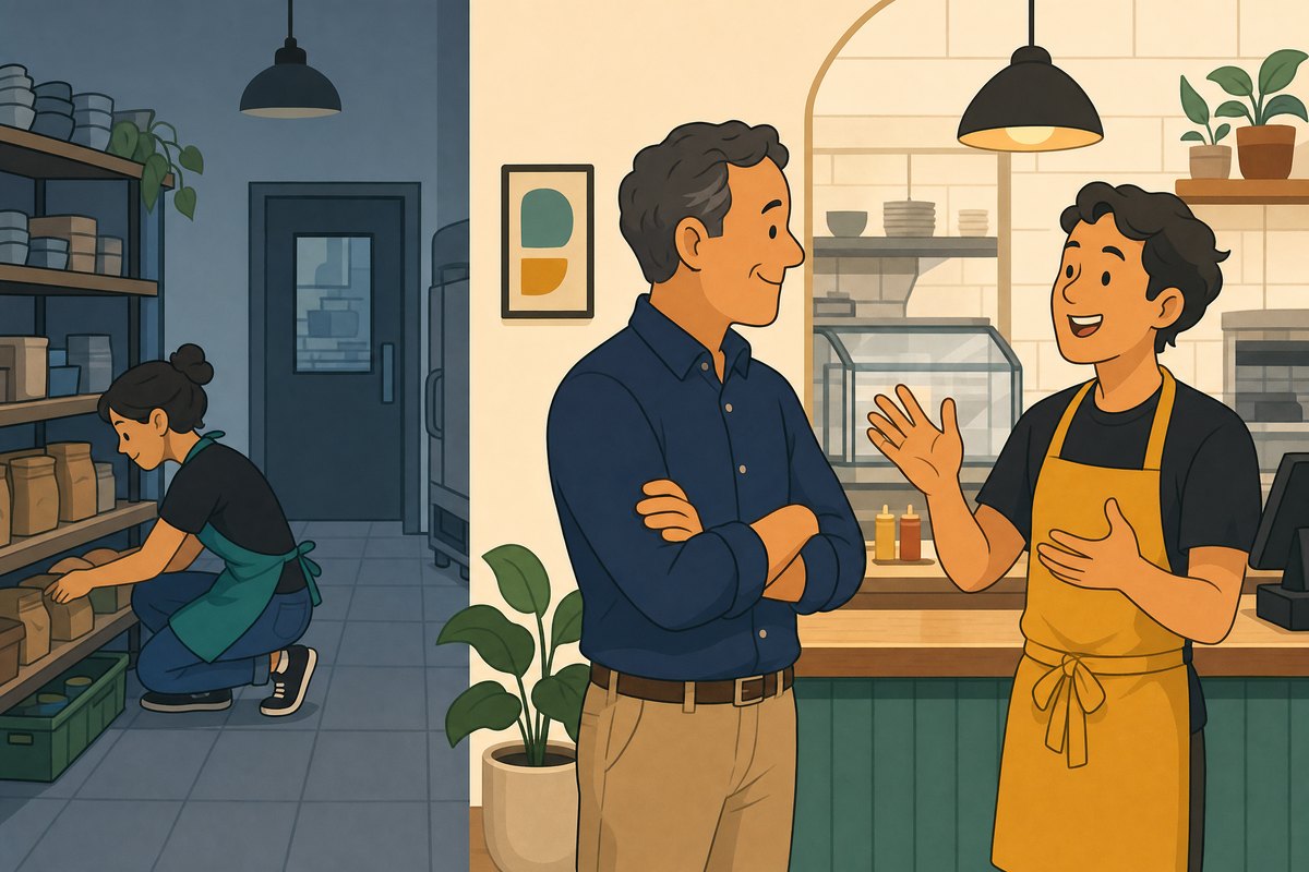 Two coworkers side by side: one loud and visible, one quiet and working, with the owner between them